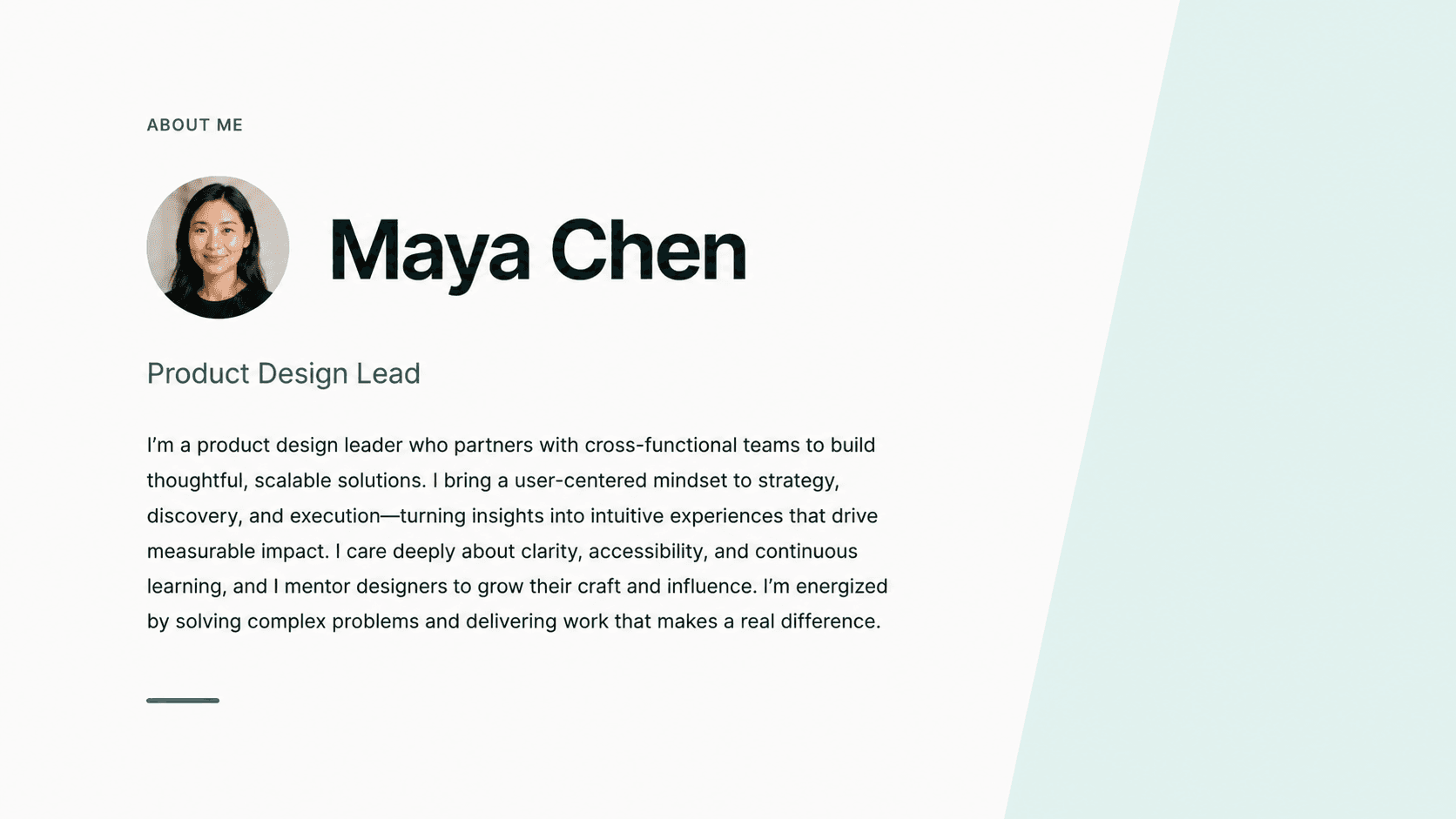A fictionalized Story profile demonstrating a candidate's narrative and work